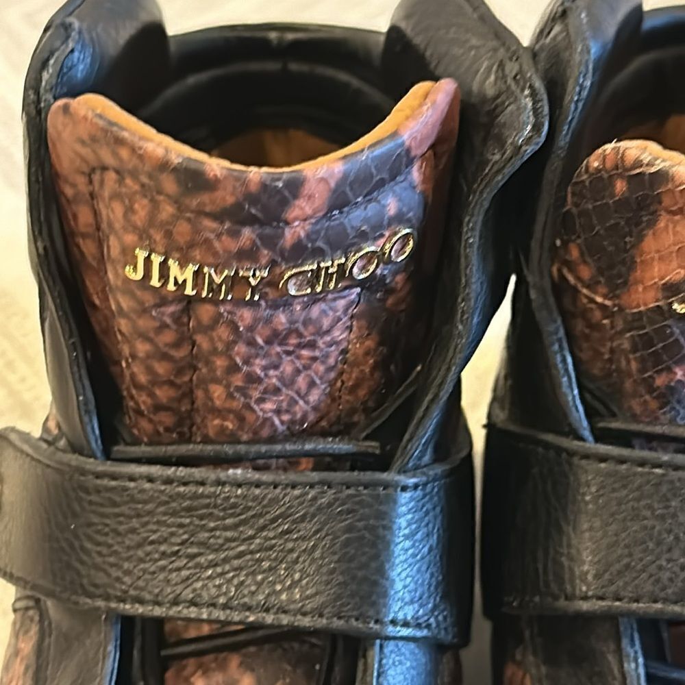 Jimmy Choo Yazz Black Brown Snakeskin Print High-Top Sneakers Gold Velcro Siz 37 - Picture 9 of 9